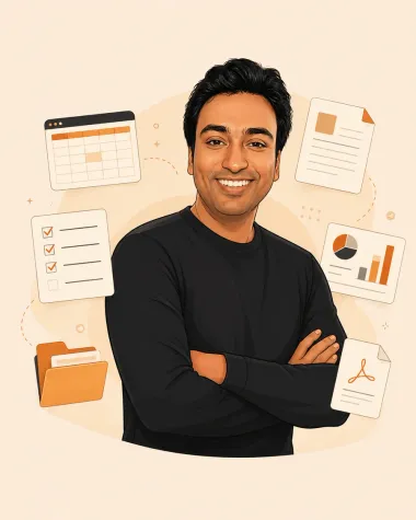 Alston Antony, illustrated, surrounded by the resources on this site: a spreadsheet, a document, a checklist, a chart, a folder and a PDF